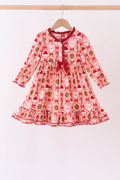 Pink Candy Cane Bow Ruffle Bamboo Dress