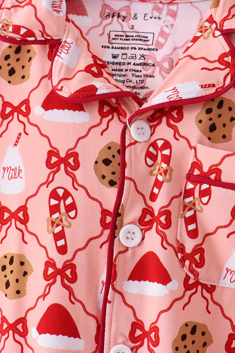 Pink Candy Cane Bow Ruffle Bamboo Mom&me Pajama Set