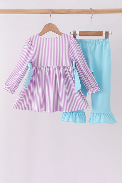 Purple Stripe Frozen Embroidery Ruffle Pants Set