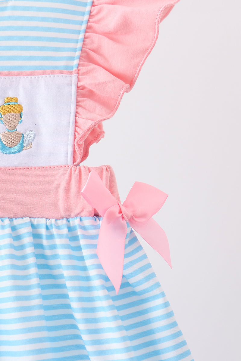 Blue Stripe Princess Embroidery Ruffle Dress