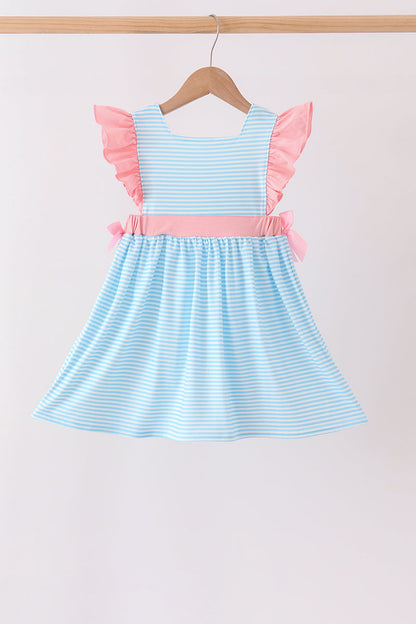 Blue Stripe Princess Embroidery Ruffle Dress
