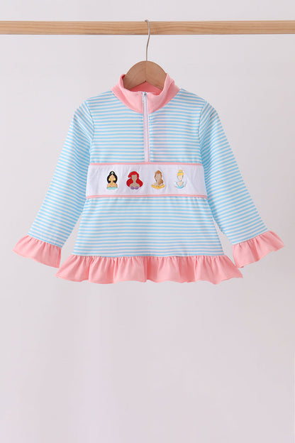Blue Stripe Princess Embroidery Ruffle Pullover