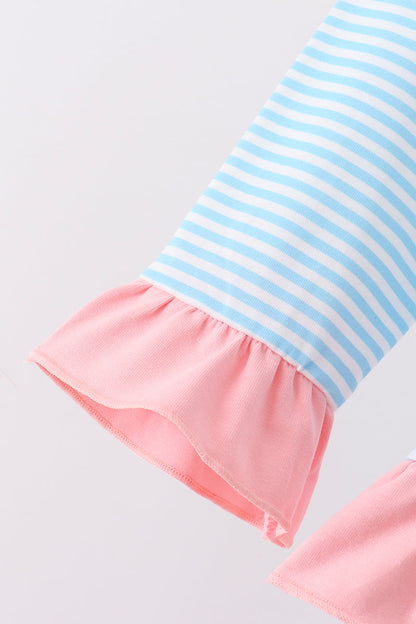 Blue Stripe Princess Embroidery Ruffle Pullover