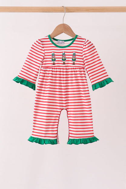 Red Nutcracker Embroidery Ruffle Stripe Romper