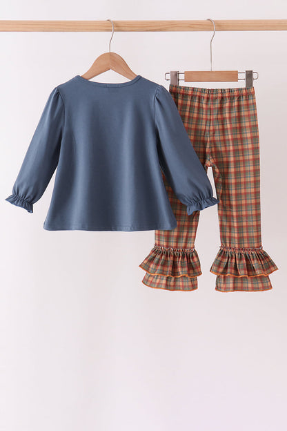 Blue Nativity Embroidery Ruffle Pants Set