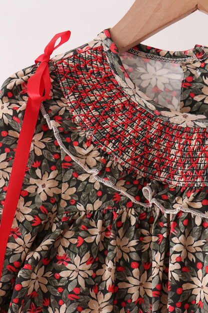 Red Floral Smocked Pants Set