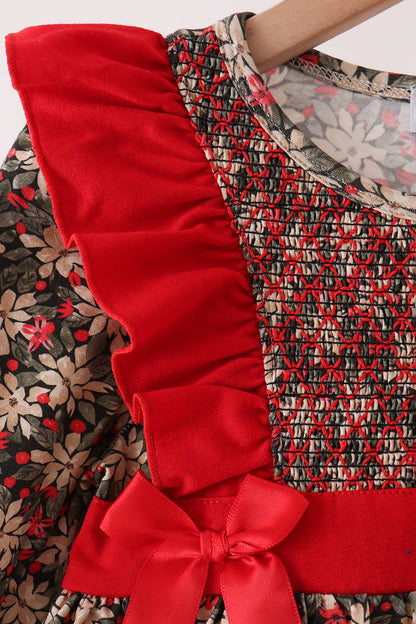 Red Floral Smocked Ruffle Dress