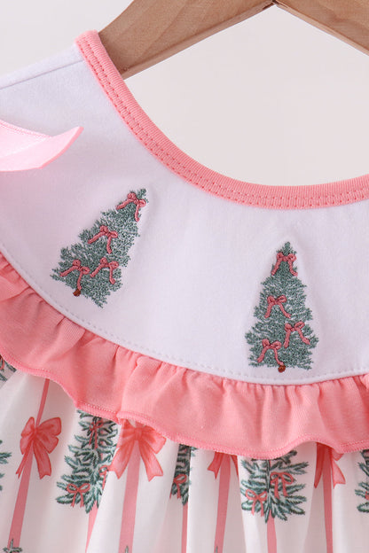 Pink Christmas Tree Embroidery Ruffle Dress
