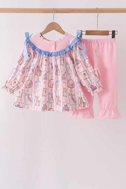 Pink Character Bow Embroidery Ruffle Pants Set