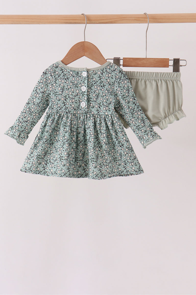 Green Farm Floral Embroidery Ruffle Bloomer Set