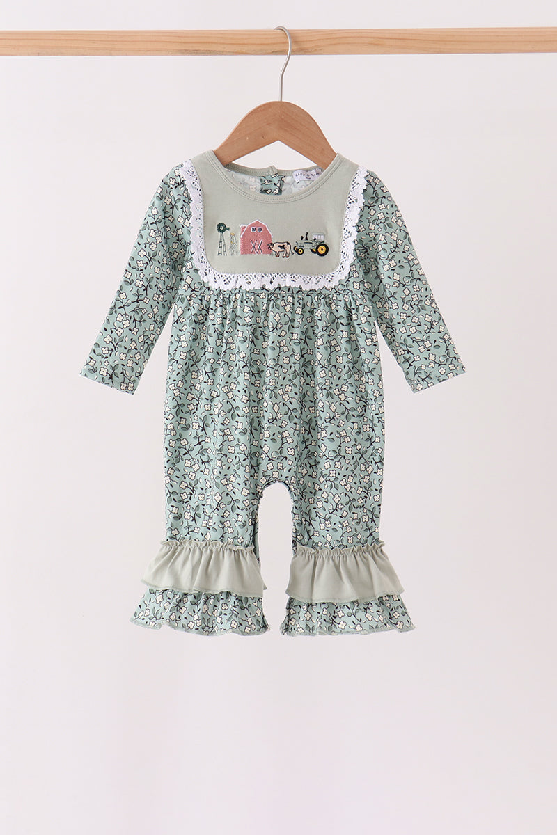 Green Farm Floral Embroidery Ruffle Romper
