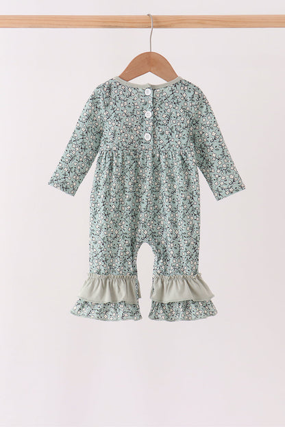 Green Farm Floral Embroidery Ruffle Romper
