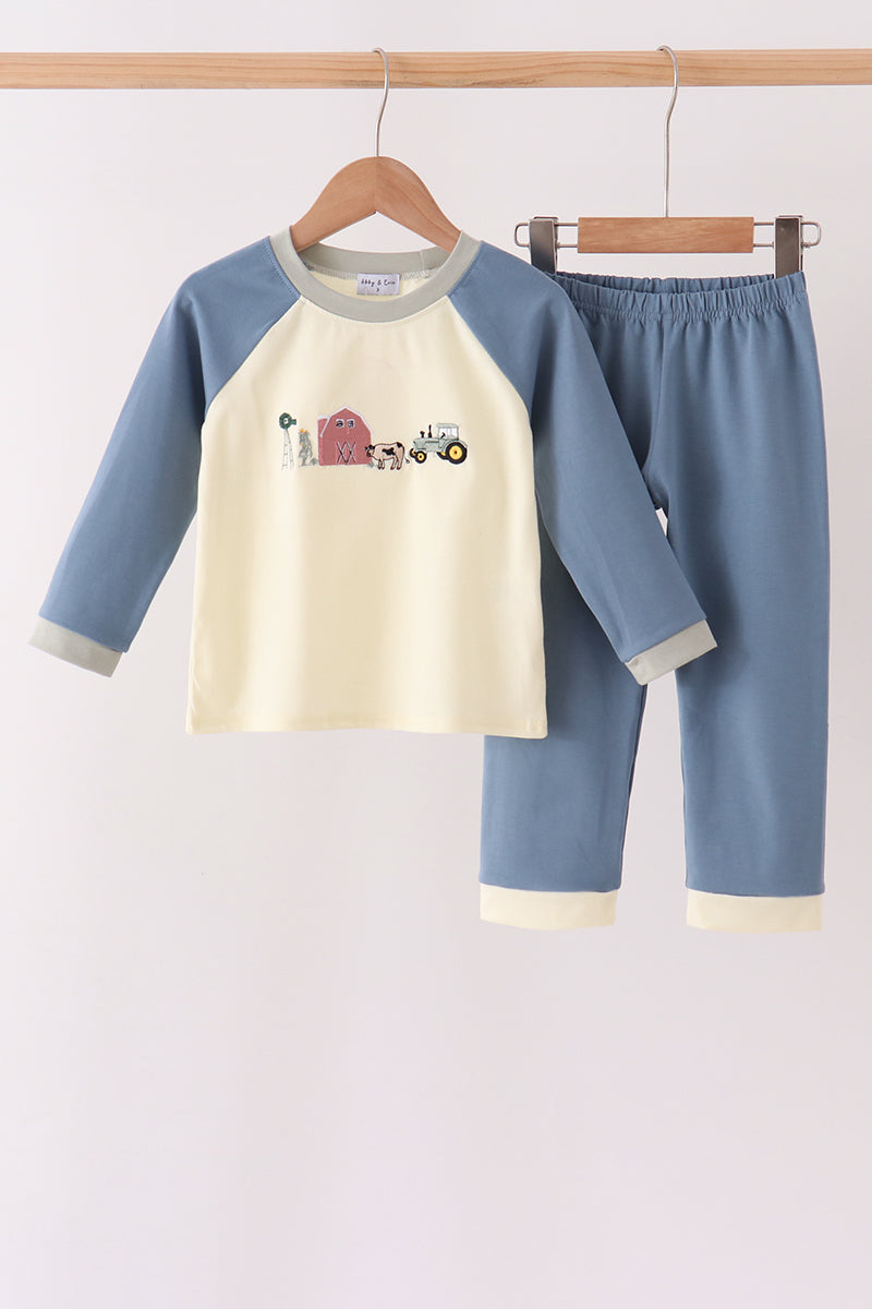 Navy&yellow farm embroidery Pants Set