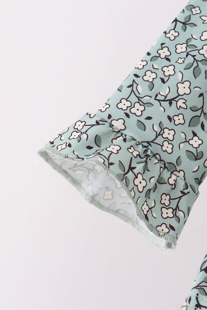 Green Farm Floral Embroidery Ruffle Pants Set