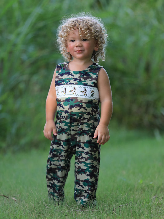 Camouflage Duck Smocking Embroidery Baby Boy Romper