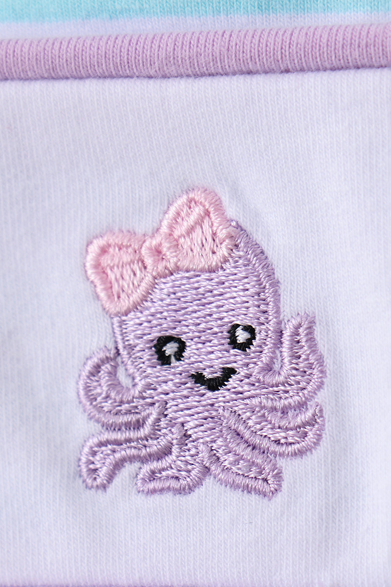 Blue octopus embroidery stripe ruffle dress