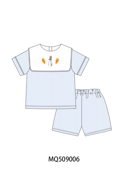 Blue stripe bunny carrot embroidery shorts set