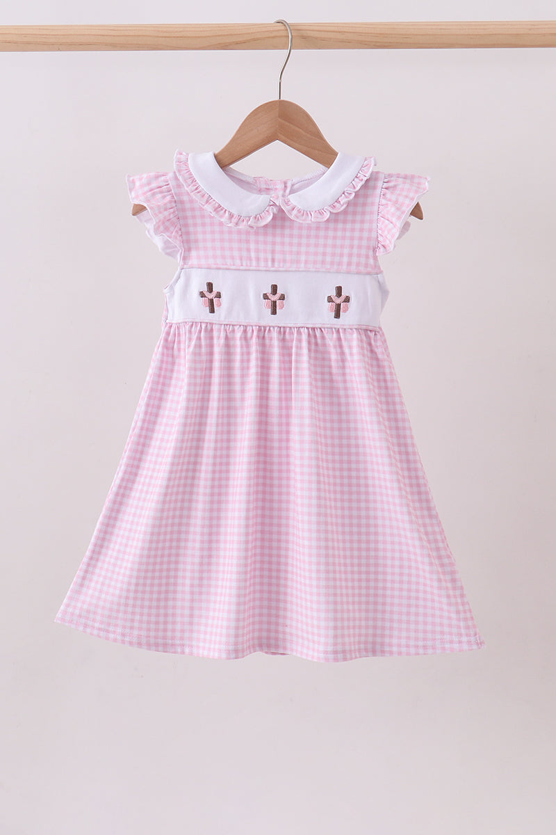 Pink cross embroidery gingham ruffle dress