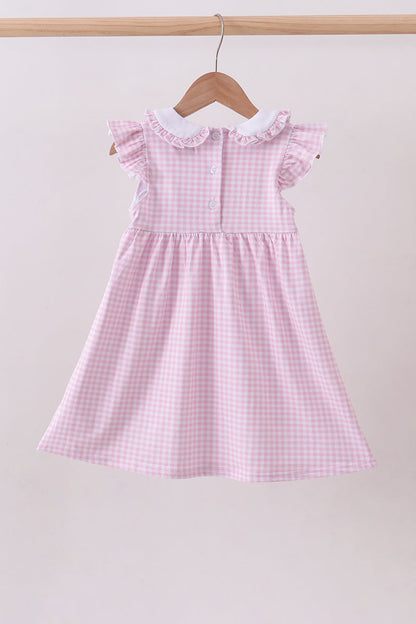 Pink cross embroidery gingham ruffle dress