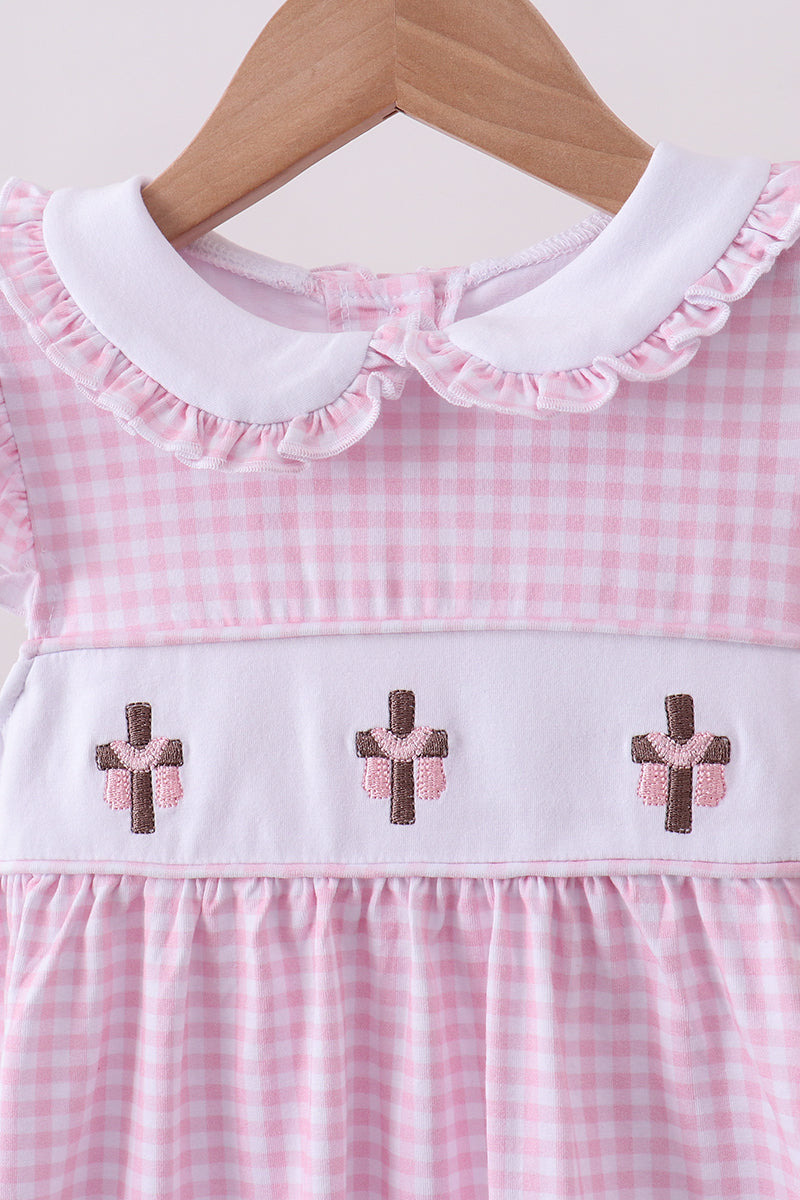 Pink cross embroidery gingham ruffle dress