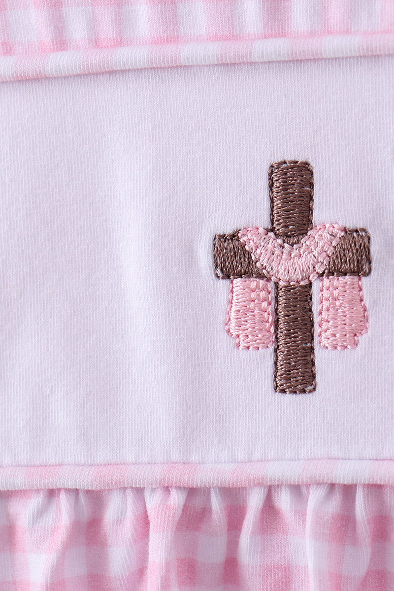 Pink cross embroidery gingham ruffle dress