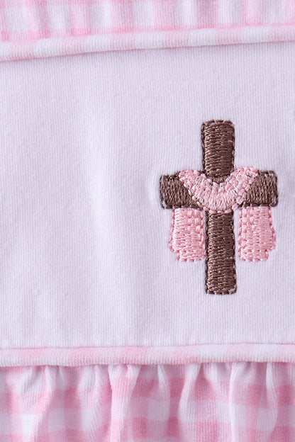 Pink cross embroidery gingham ruffle dress