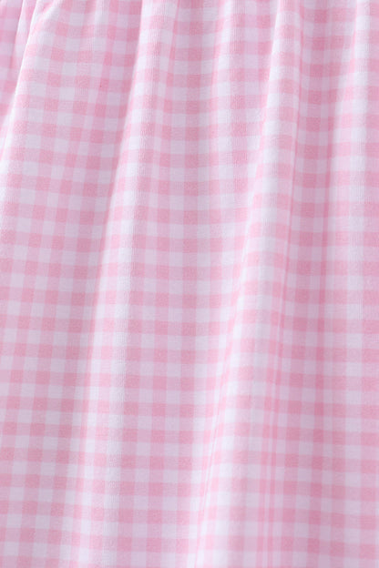 Pink cross embroidery gingham ruffle dress