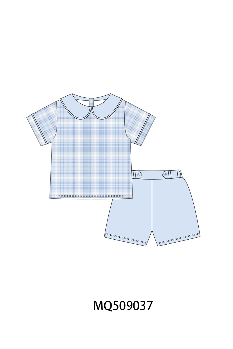 Blue plaid peter pan collar shorts set