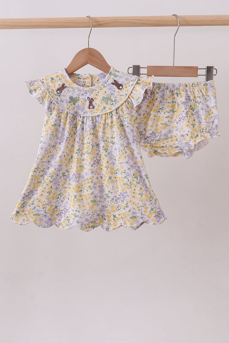 Mustard floral bunny embroidery bloomer set