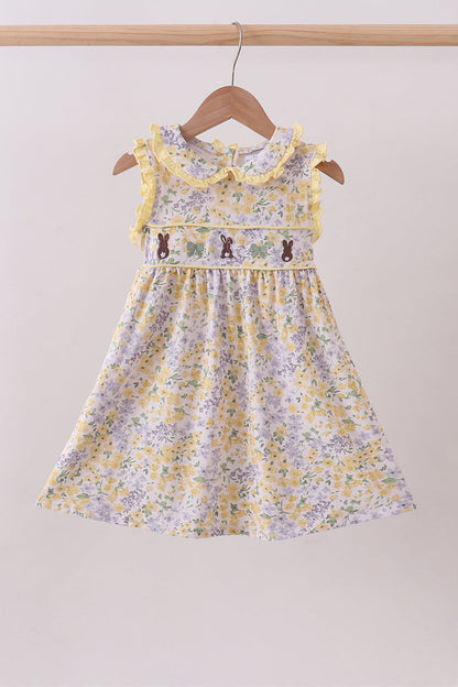 Floral bunny bow embroidery ruffle dress