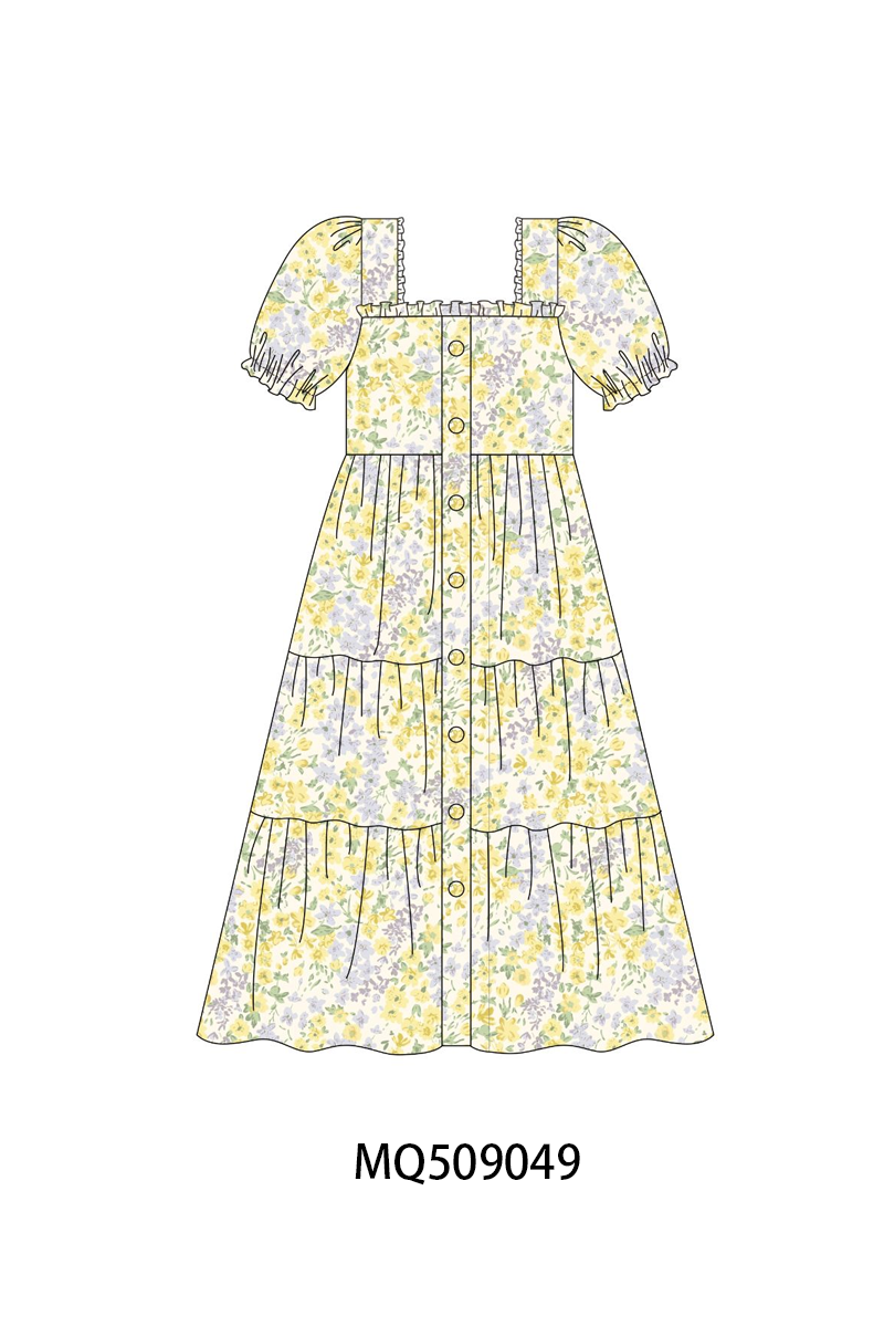 Floral print puff sleeve tiered dress