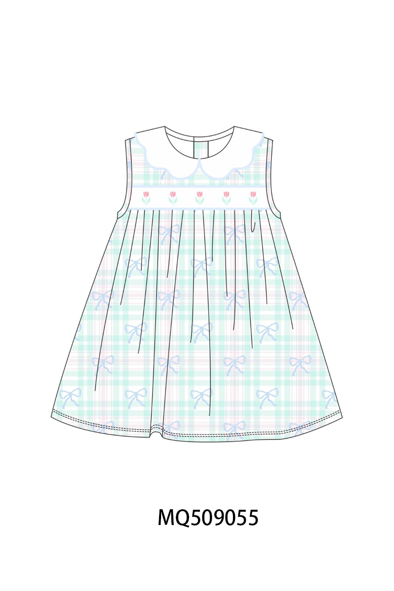 Blue plaid bow floral dress