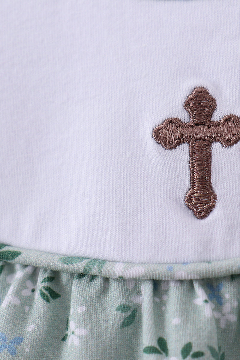 Sage cross embroidery floral ruffle bubble