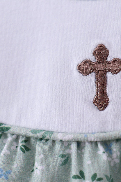 Sage cross embroidery floral ruffle bubble