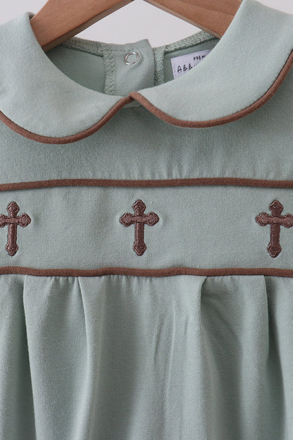 Sage cross embroidery peter pan collar romper