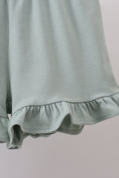Sage floral cross embroidery ruffle shorts set