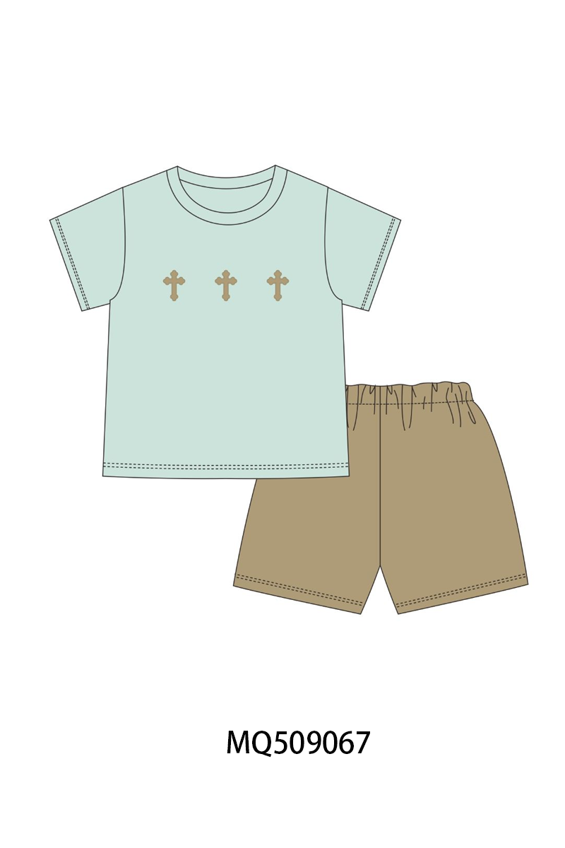 Sage cross embroidery shorts set