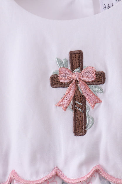 Pink cross embroidery floral bow bubble
