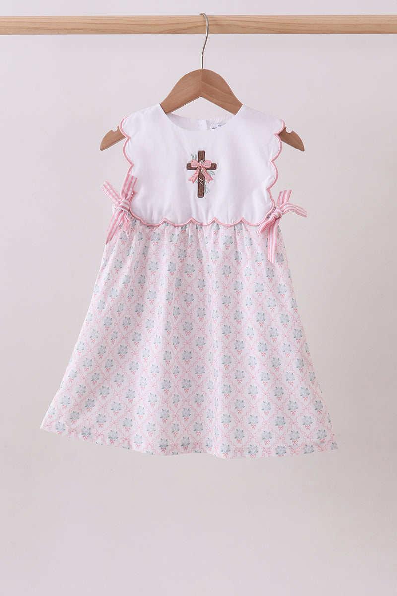 Pink cross embroidery floral bow dress