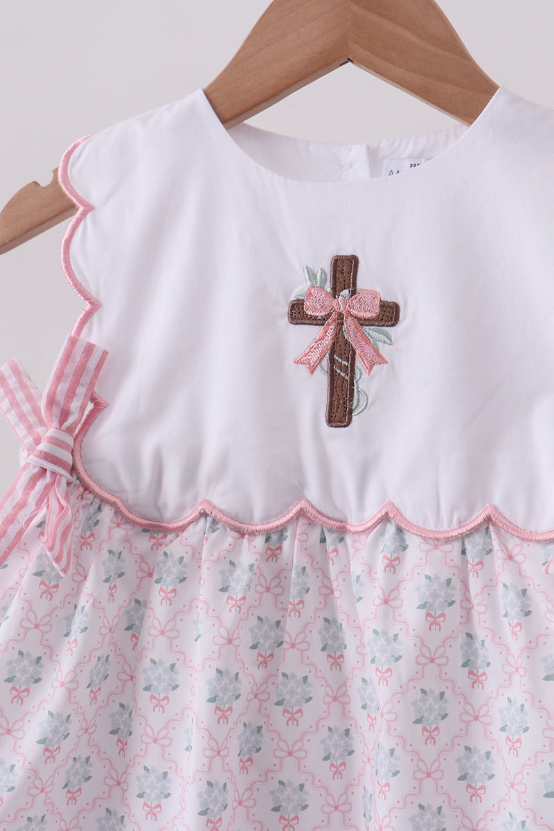 Pink cross embroidery floral bow dress