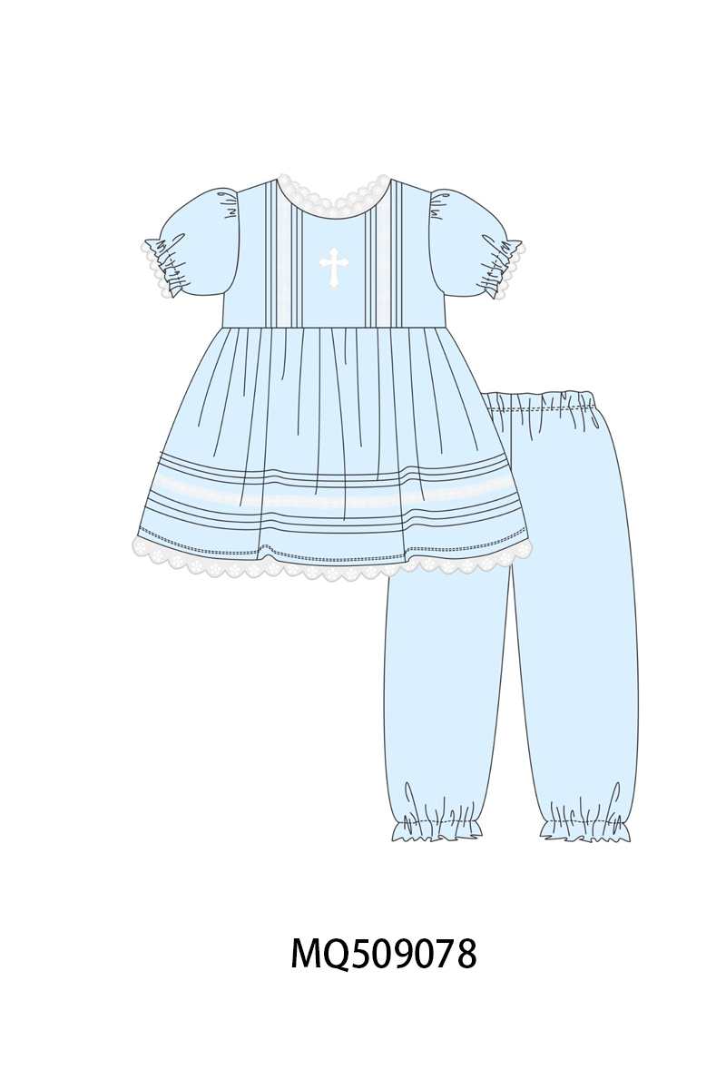 Blue cross embroidery lace pants set