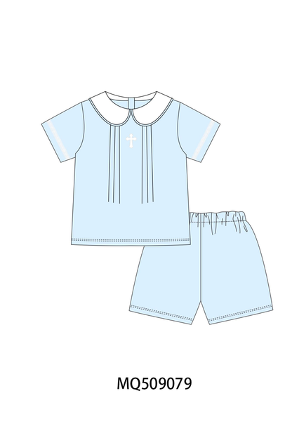 Blue cross embroidery shorts set