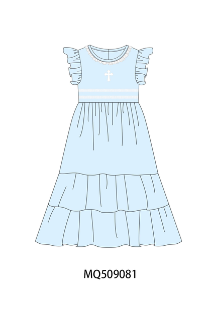 Blue cross embroidery ruffle tiered dress