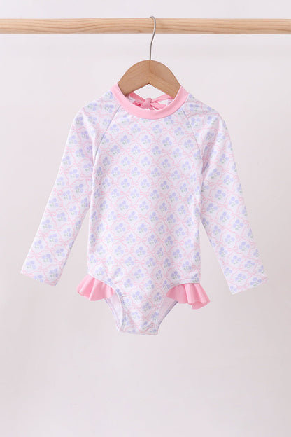 Pink floral print ruffle rashguard
