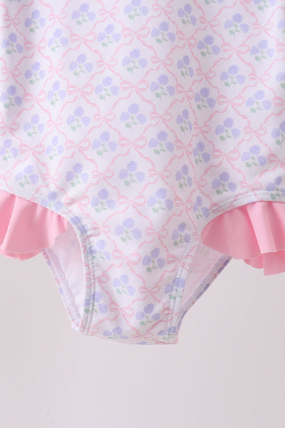 Pink floral print ruffle rashguard