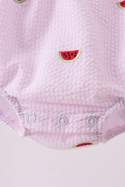Pink stripe watermelon embroidery seersucker ruffle bubble