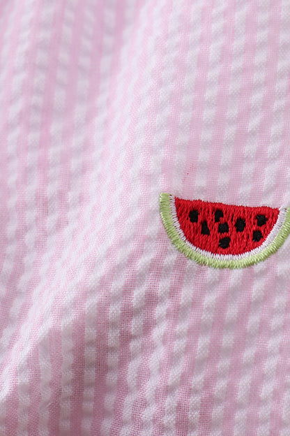 Pink stripe watermelon embroidery seersucker ruffle bubble