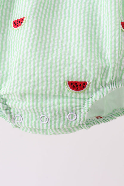 Red stripe watermelon embroidery seersucker bubble