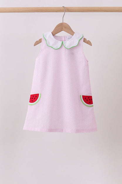 Pink stripe watermelon embroidery seersucker dress