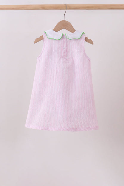 Pink stripe watermelon embroidery seersucker dress